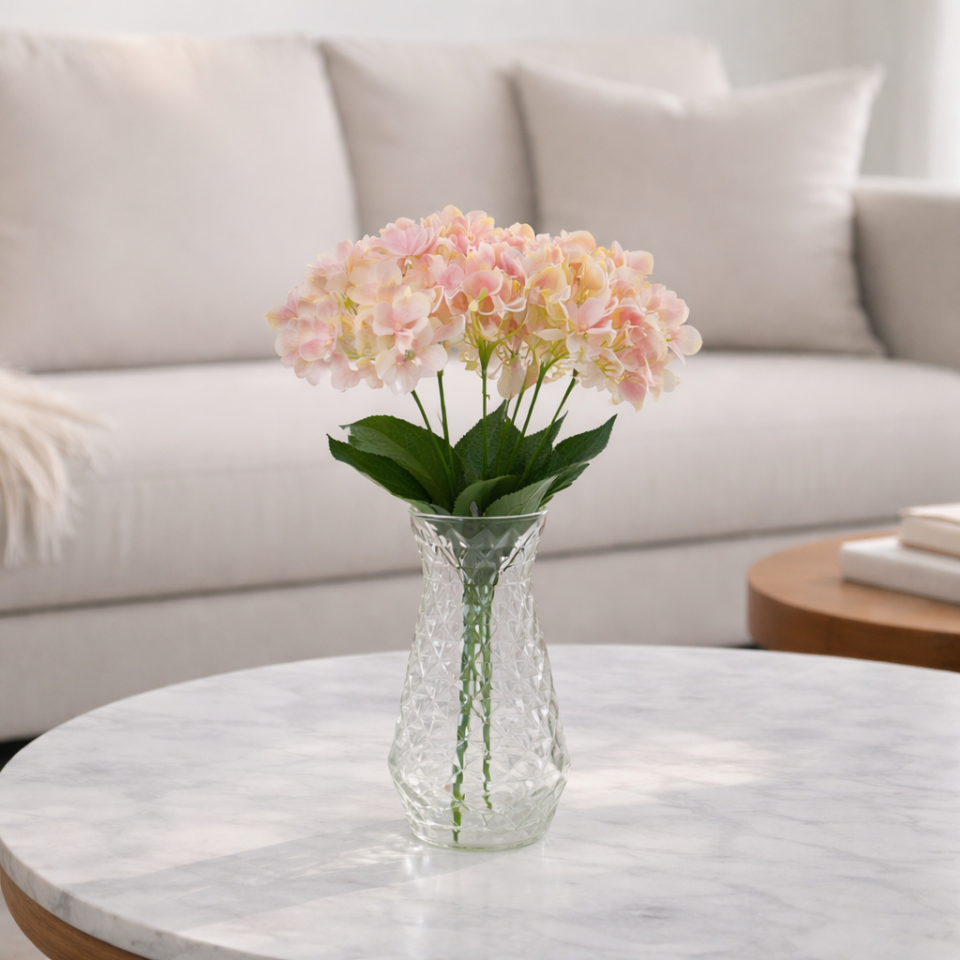 Yapay Lüx 5 Dallı Islak Ortanca Demeti 45 cm Pembe Sarı