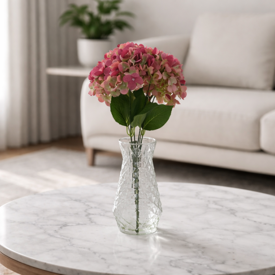 Yapay Lüx 5 Dallı Ortanca Demeti 45 cm Pembe Yeşil