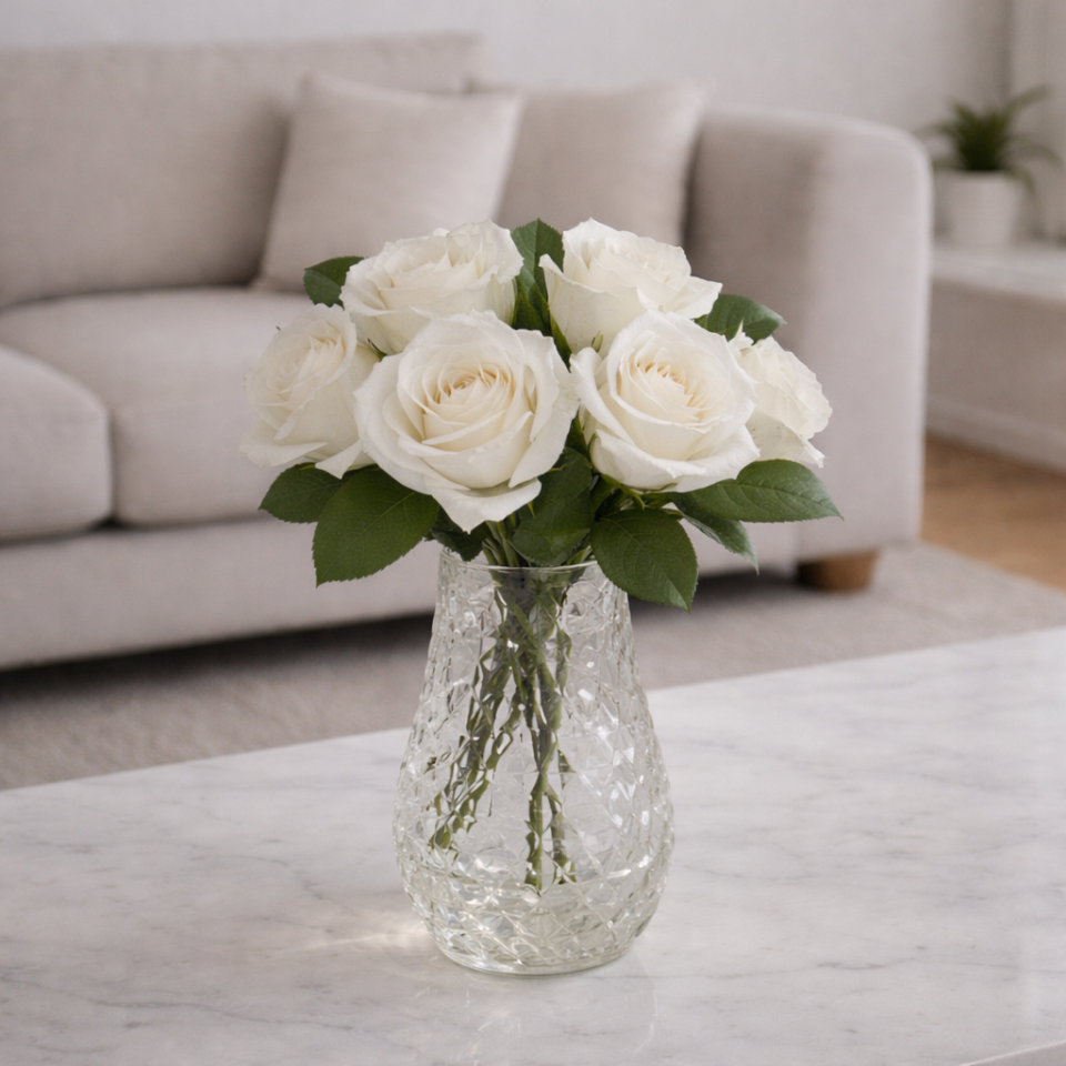 Yapay Premium 6lı Islak Gonca Gül Demeti 25 cm Beyaz