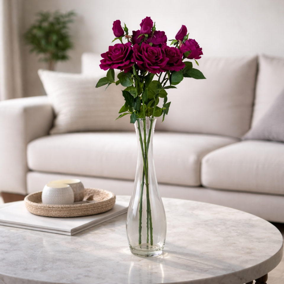 Yapay Islak Premium 3lü Goncalı Gül Dalı 76 cm Fuşya