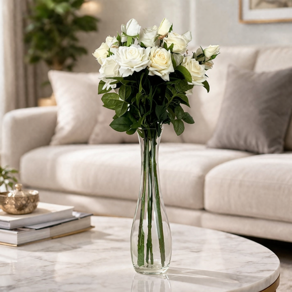 Yapay Islak Premium 3lü Goncalı Gül Dalı 76 cm Beyaz