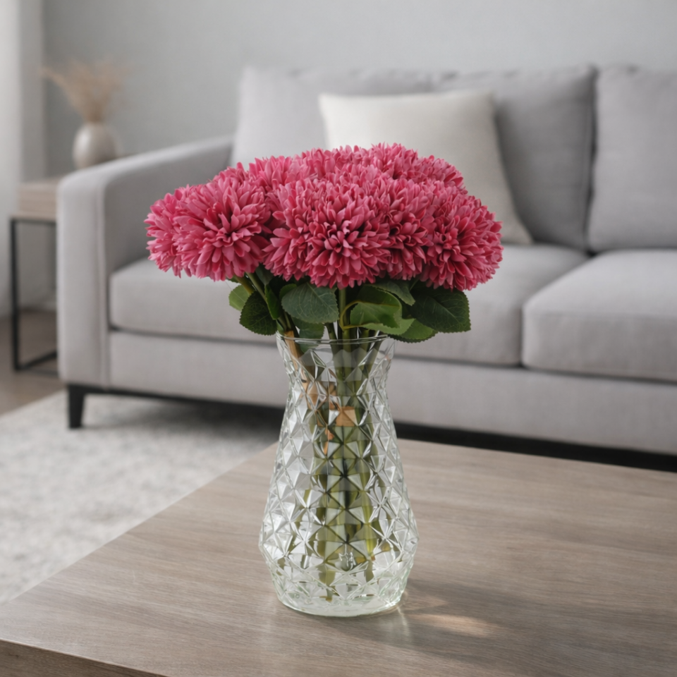 Yapay Çiçek Top Krizantem 7li Mini Kartopu Demeti 30 cm Fuşya