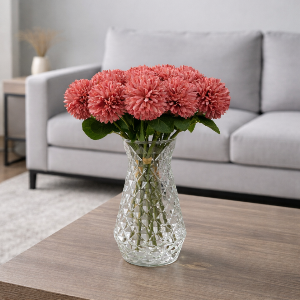 Yapay Çiçek Top Krizantem 7li Mini Kartopu Demeti 30 cm Mat Nar Çiçeği