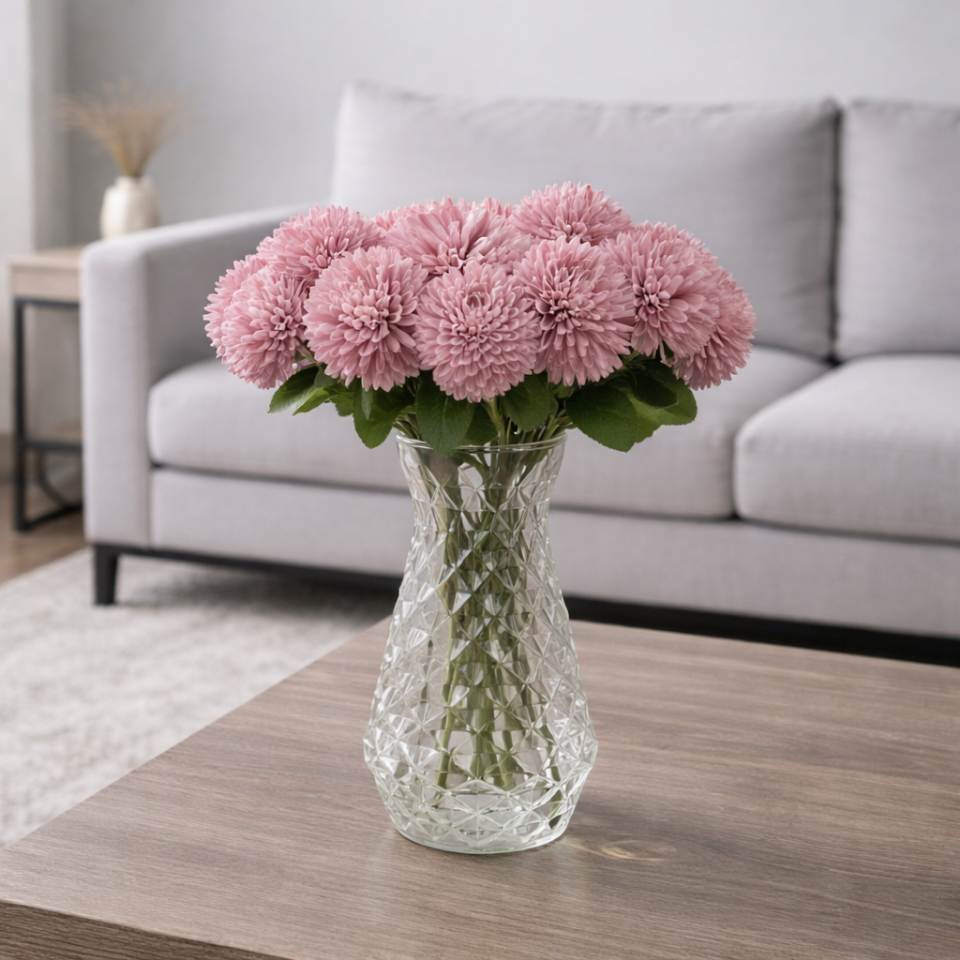 Yapay Çiçek Top Krizantem 7li Mini Kartopu Demeti 30 cm Pudra Lila