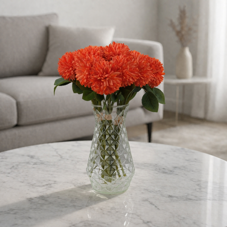 Yapay Çiçek Top Krizantem 7li Mini Kartopu Demeti 30 cm Turuncu