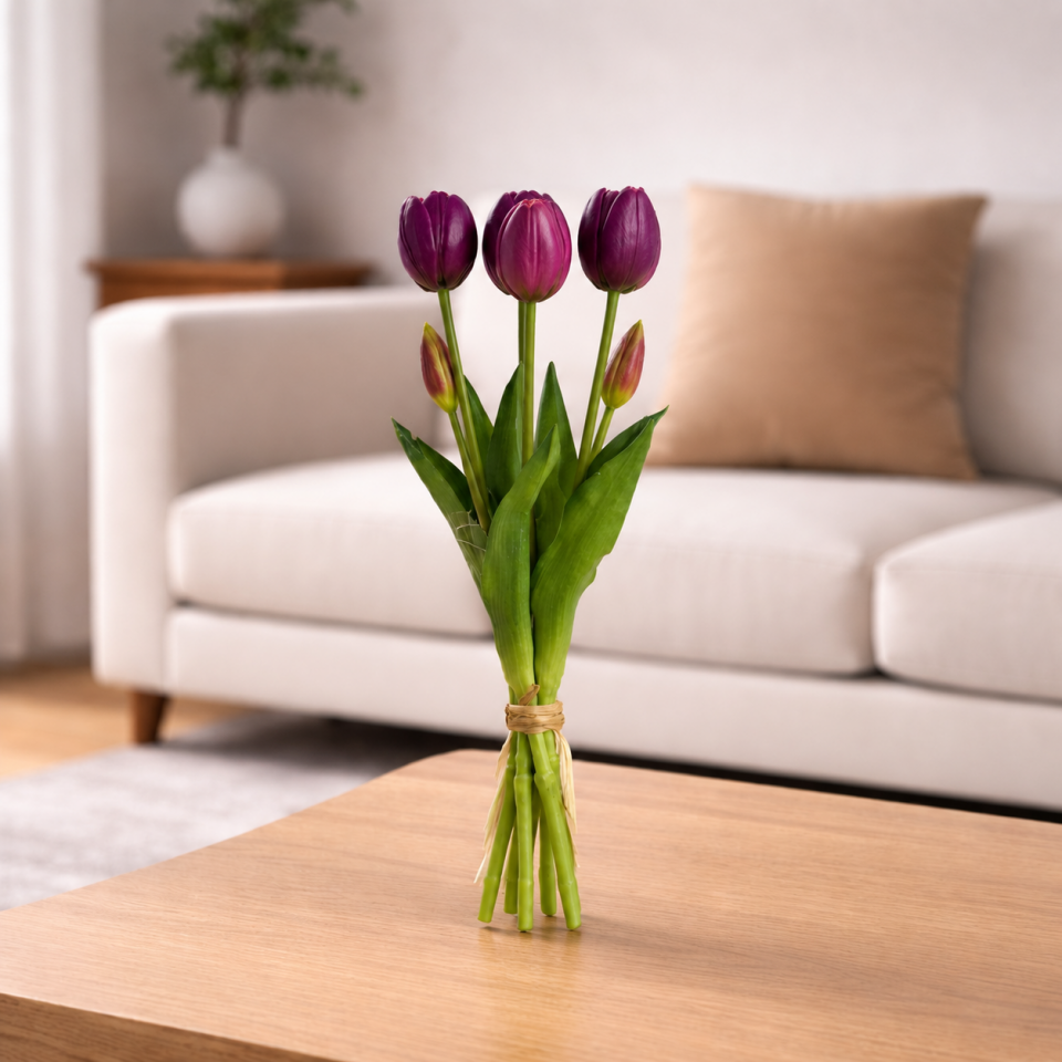 Gerçek Dokulu Lüx 5 Dallı Tulipa Lale Buketi Mor