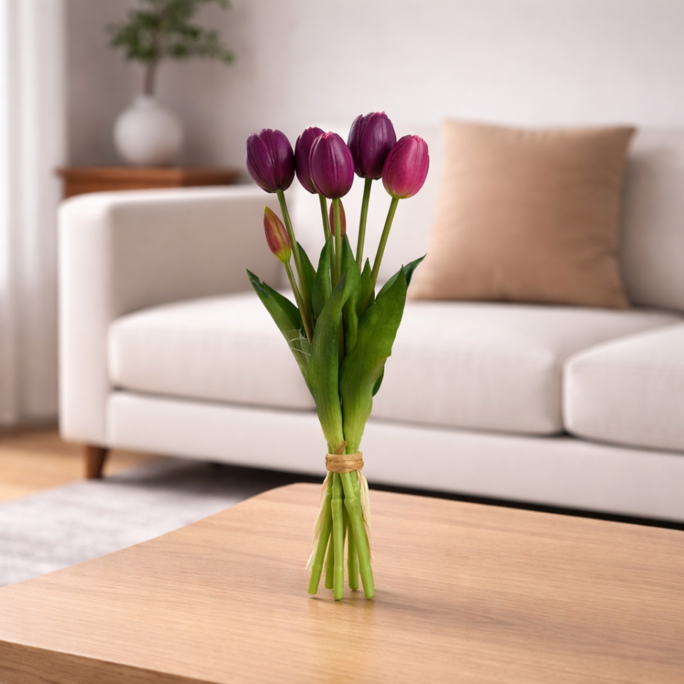 Gerçek Dokulu Lüx 5 Dallı Tulipa Lale Buketi Mor