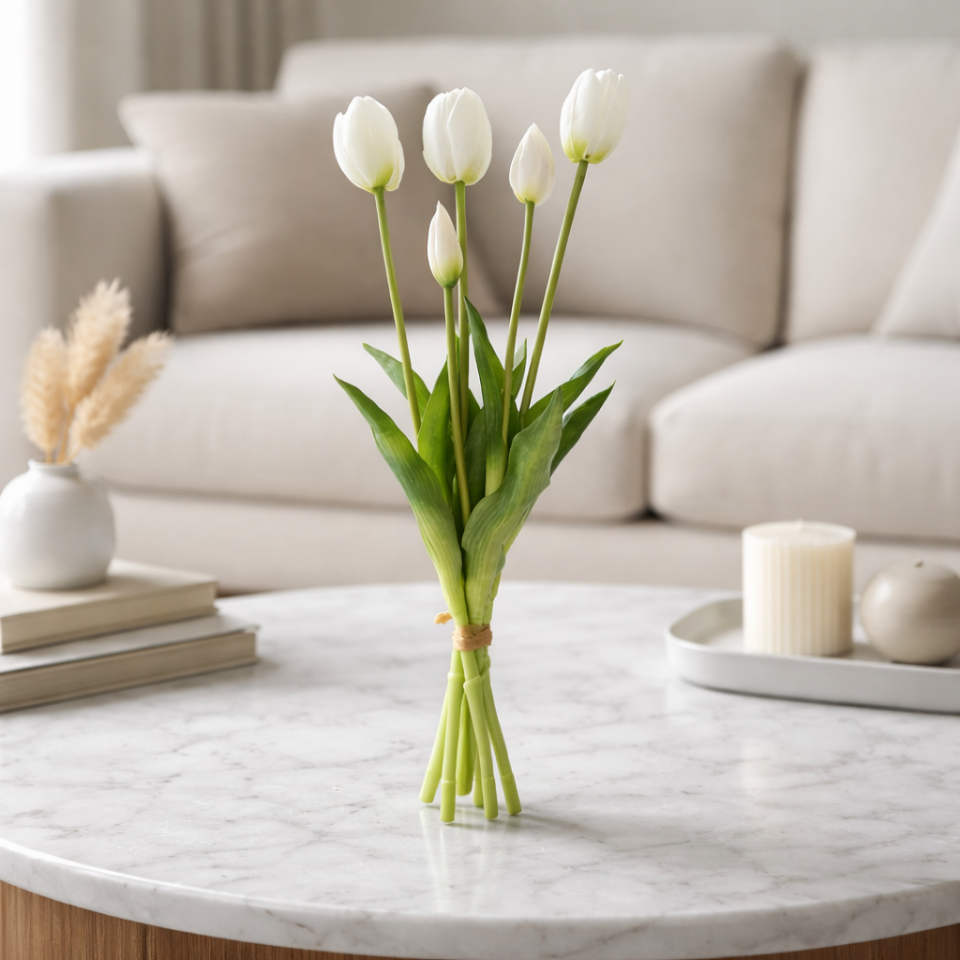 Gerçek Dokulu Lüx 5 Dallı Tulipa Lale Buketi Beyaz