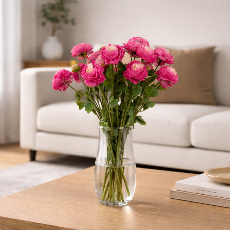 Yapay Çiçek 3lü Şakayık Ranunculus Dalı 50 cm Fuşya
