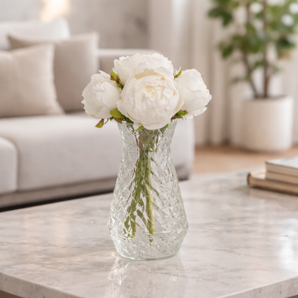 Yapay Çiçek 6lı ipek Peony Şakayık Gül Demeti 25 cm Beyaz