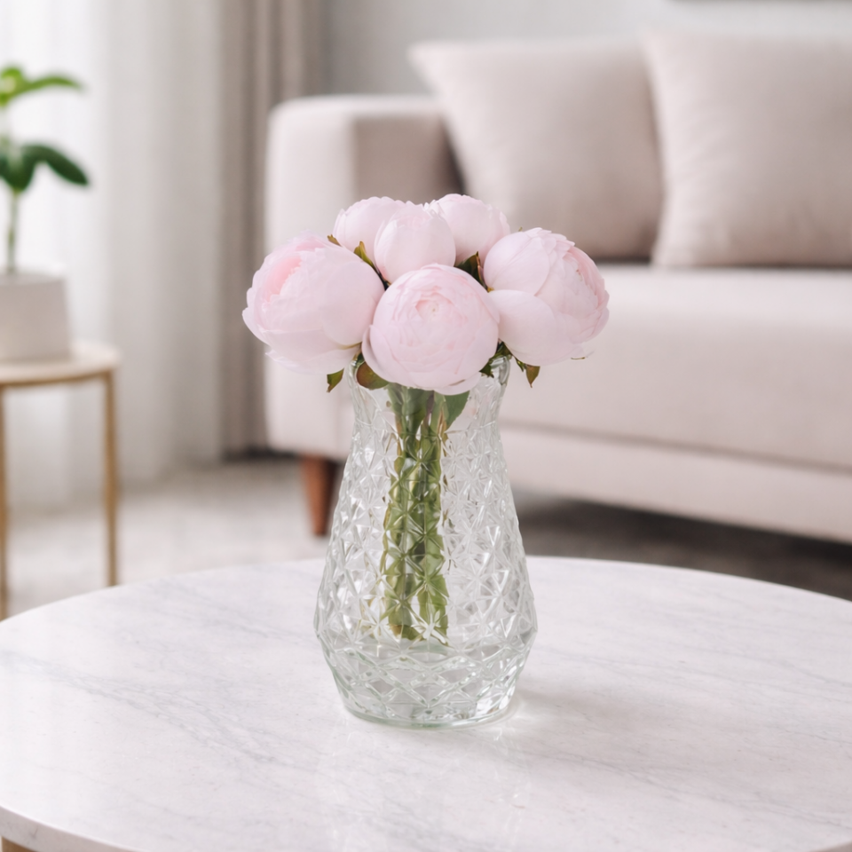 9lu Kaliteli Şakayık Gül Buketi Toz Pembe