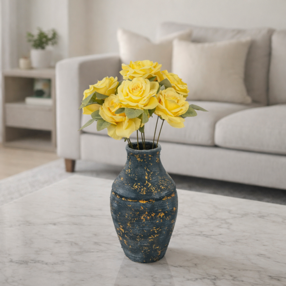 Yapay Çiçek 7 Dallı Puket Gülü Demeti 40 cm Sarı
