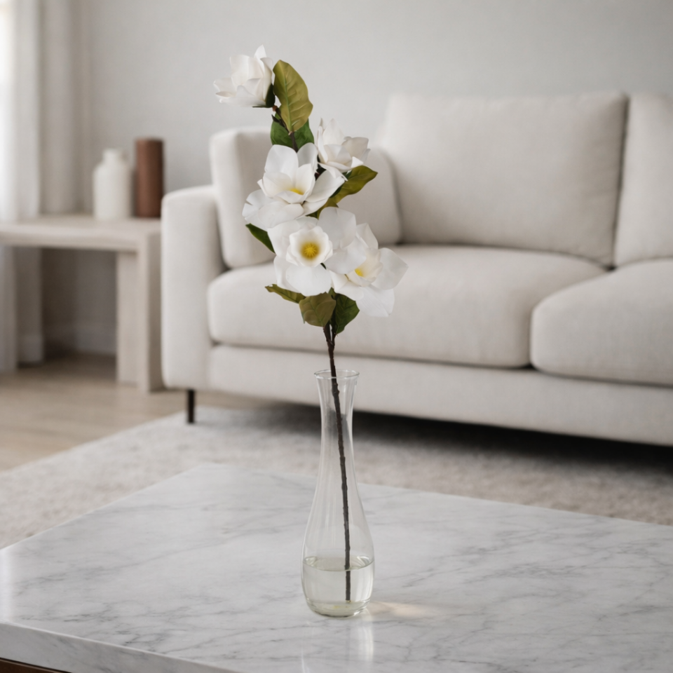 Yapay Çiçek 5 Çiçekli Islak Manolya Dalı 100 cm Beyaz