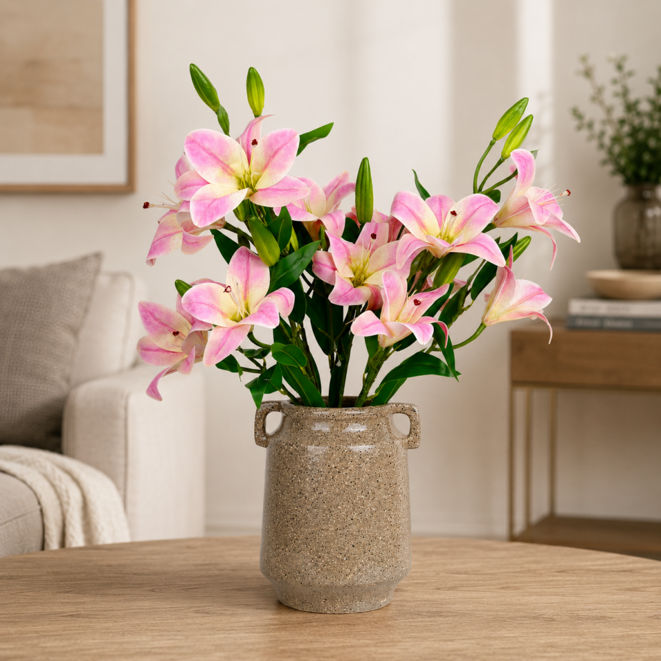 Yapay Çiçek Lüx Dev 6lı Vazo Lilyumu Buketi 60 cm Pembe