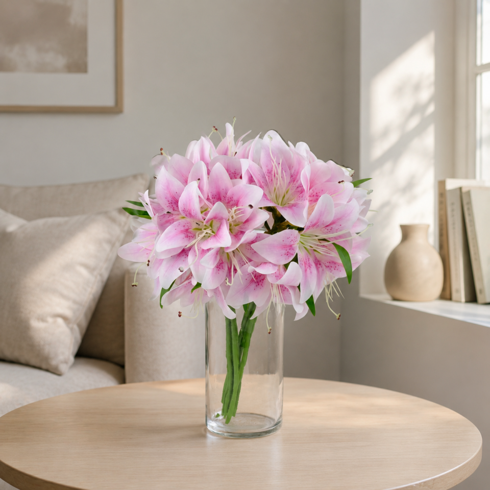 Yapay Lüx Lilyum Buketi 12li 35 cm Pudra Pembe