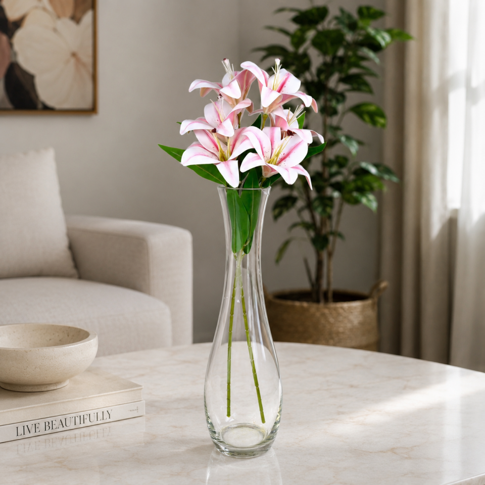Yapay 3 Başlı Lüx Islak Kazablanka Lilyum Dalı 60 cm Pembe
