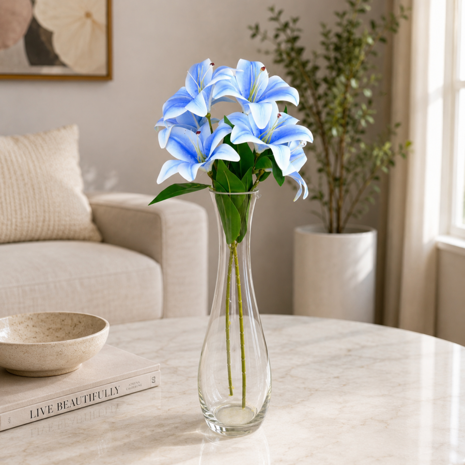 Yapay  3 Başlı Lüx Islak Kazablanka Lilyum Dalı 60 cm Mavi