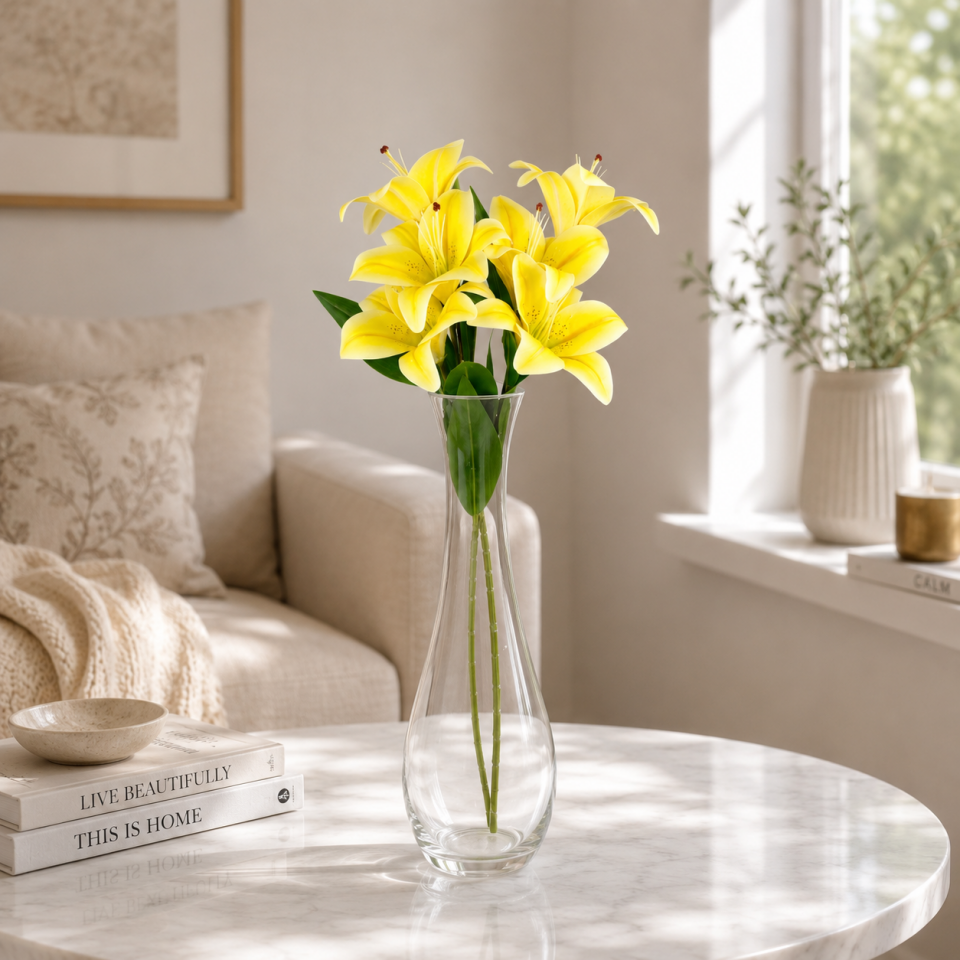Yapay 3 Başlı Lüx Islak Kazablanka Lilyum Dalı 60 cm Sarı