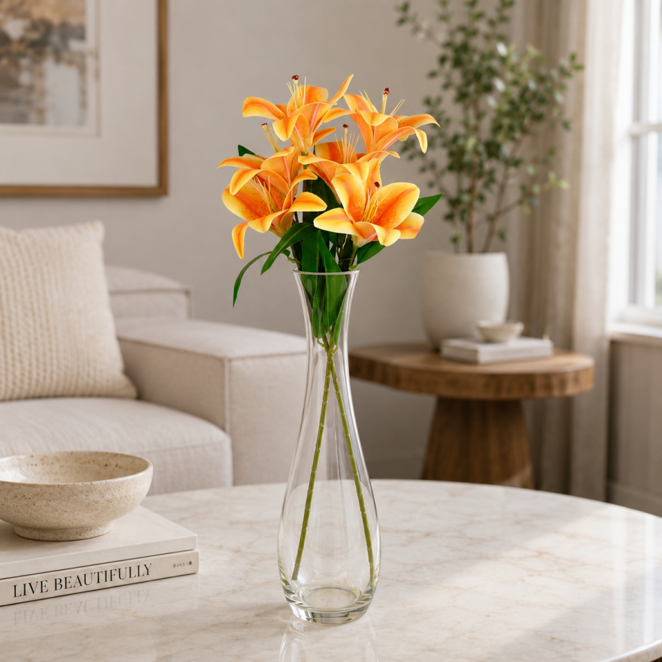 Yapay  3 Başlı Lüx Islak Kazablanka Lilyum Dalı 60 cm Turuncu