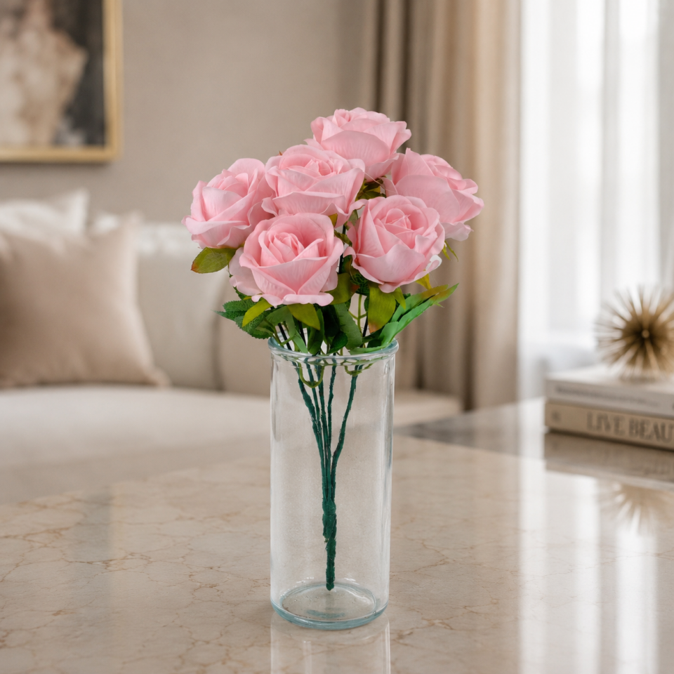 Yapay Çiçek 7li Lüx Kadife Gül Demeti 40 cm Pembe