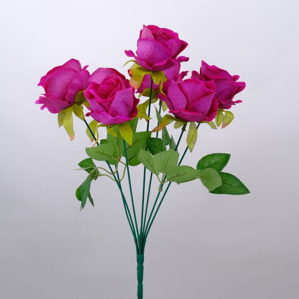 Yapay Çiçek 7li Lüx Kadife Gül Demeti 40 cm Fuşya