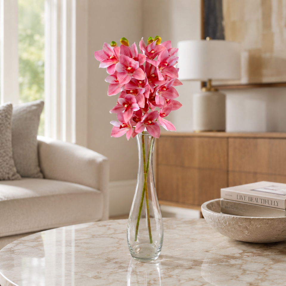 Yapay Islak Dokulu 10 Kandilli Singapur Orkide Çiçeği 75 cm Pembe