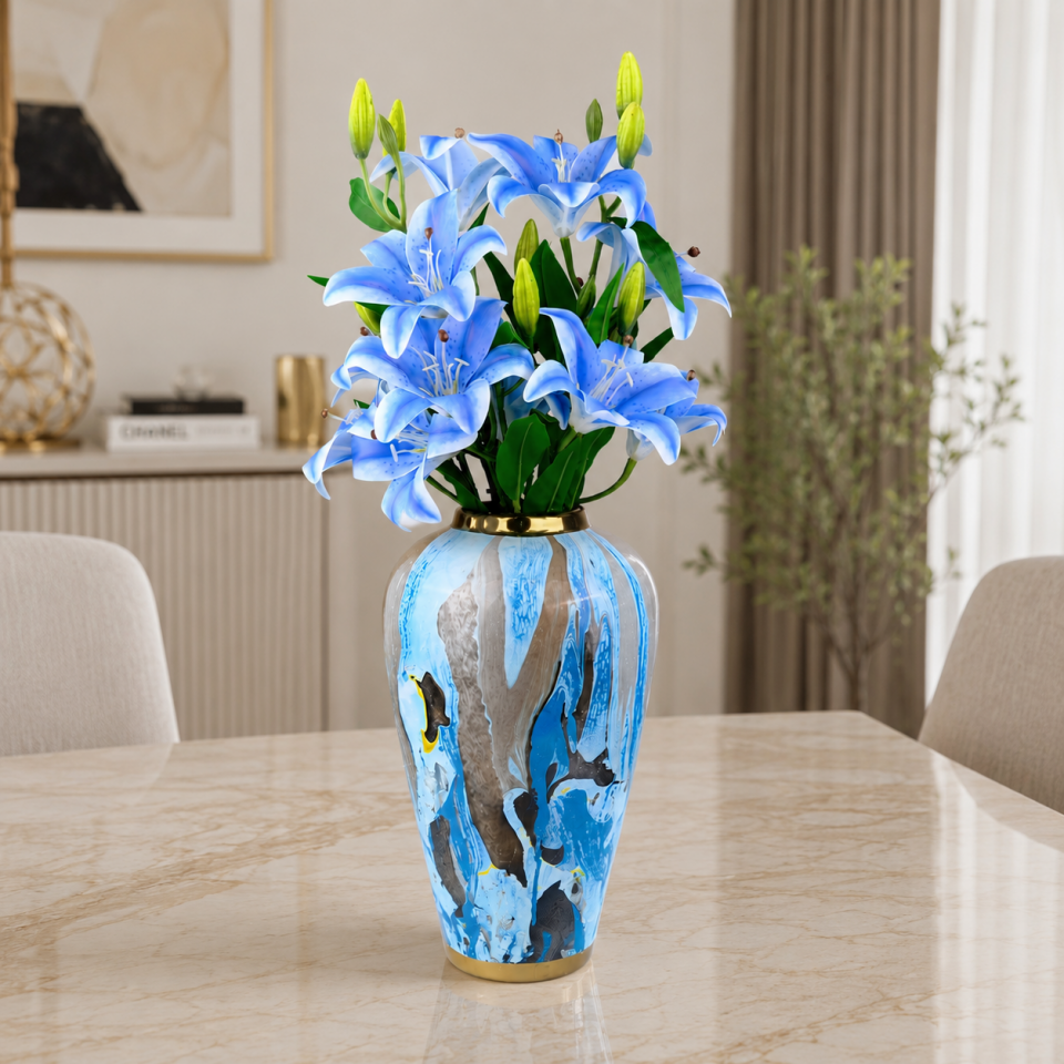 Yapay Çiçek Lüx Dev 6lı Vazo Lilyumu Buketi 60 cm Mavi