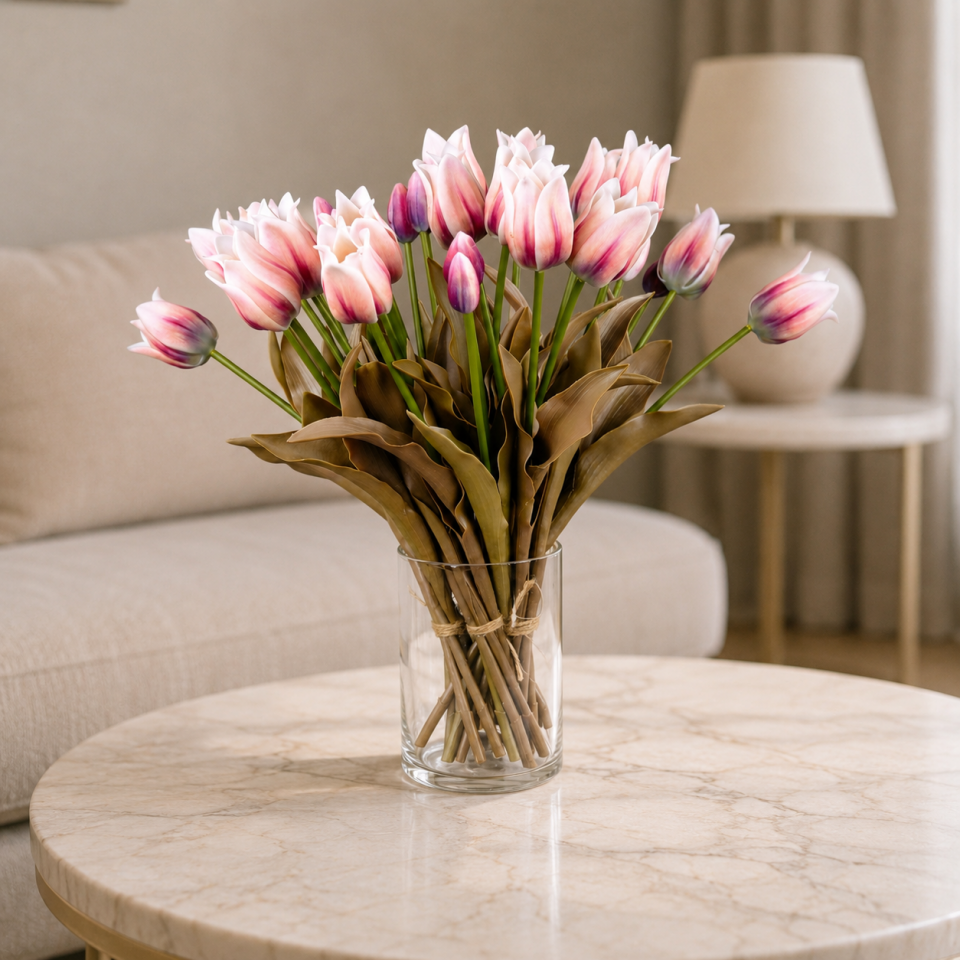 Gerçek Dokulu Premium 5 Dallı İstanbul Lale Buketi 45 cm Beyaz-Pembe