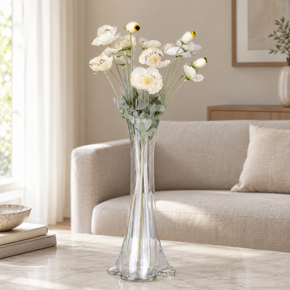 Yapay Çiçek 4'lü Tozlu Gelincik Dalı 60 cm Beyaz
