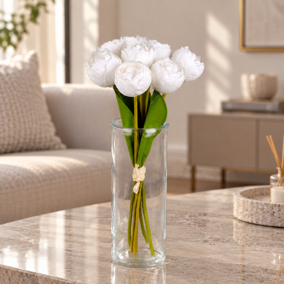 Yapay 7 Dallı Lale Buketi 33 cm Beyaz