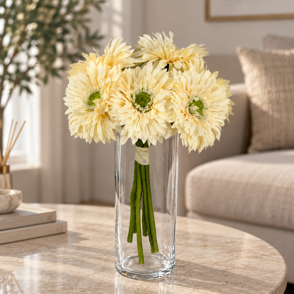 Yapay Çiçek 6lı Kaliteli Saçaklı İri Gerbera Buketi Krem