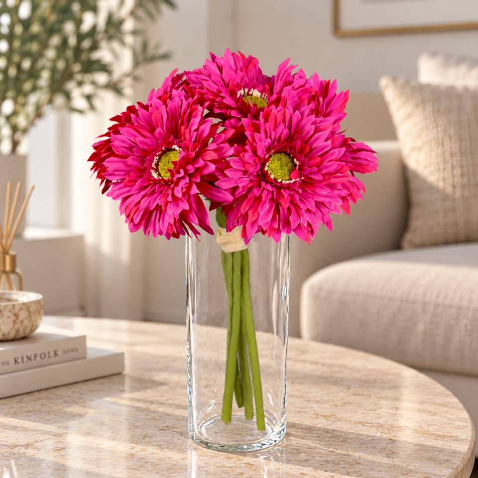 Yapay Çiçek 6lı Kaliteli Saçaklı İri Gerbera Buketi Fuşya