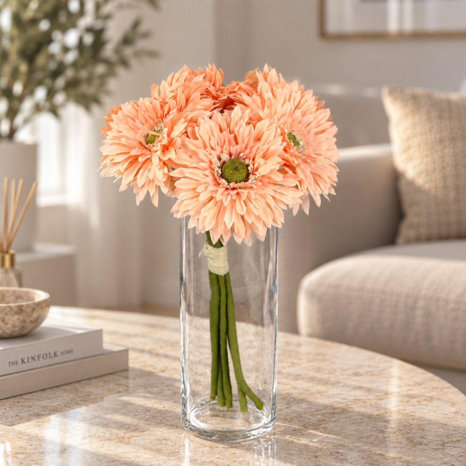 Yapay Çiçek 6lı Kaliteli Saçaklı İri Gerbera Buketi Somon
