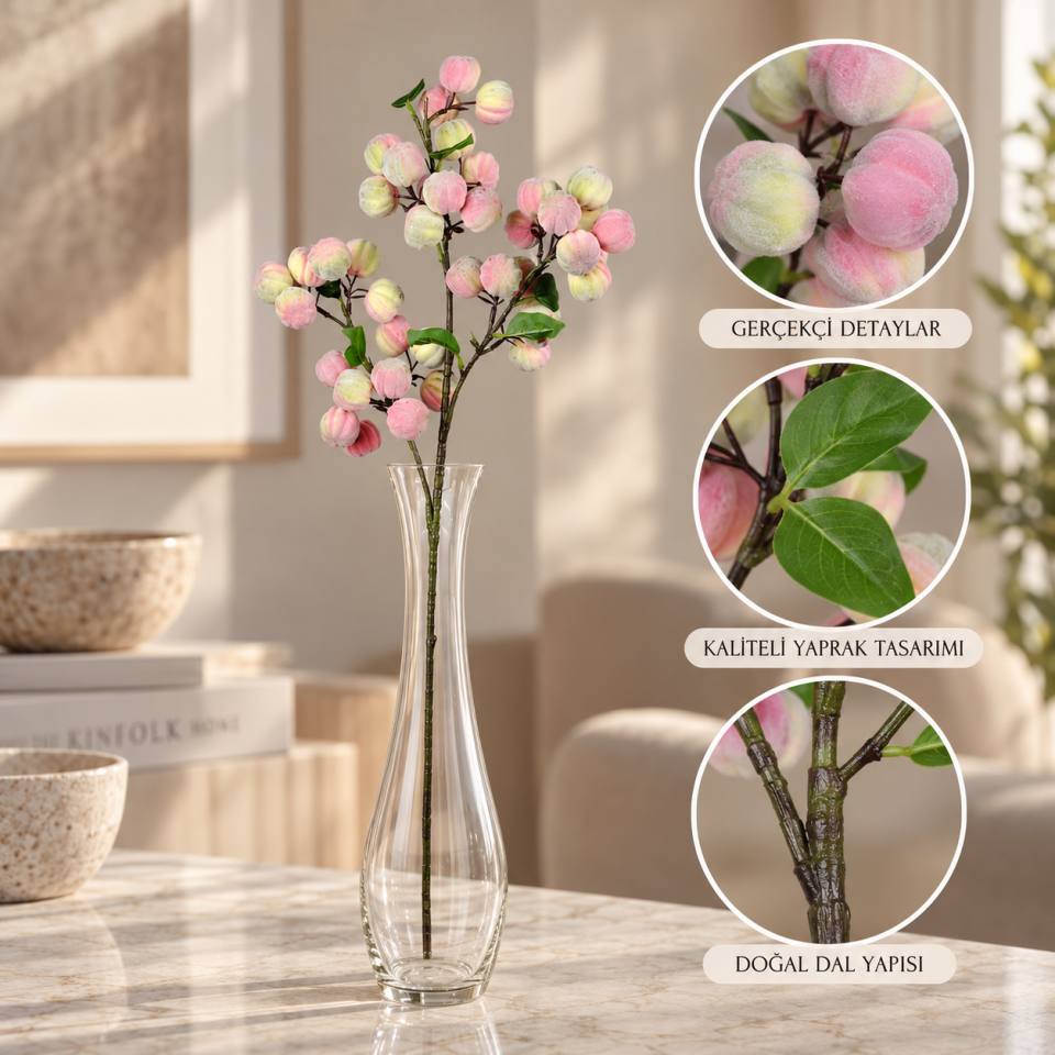 Yapay Şeftali Dalı 75 cm Pembe-Yeşil detaylı